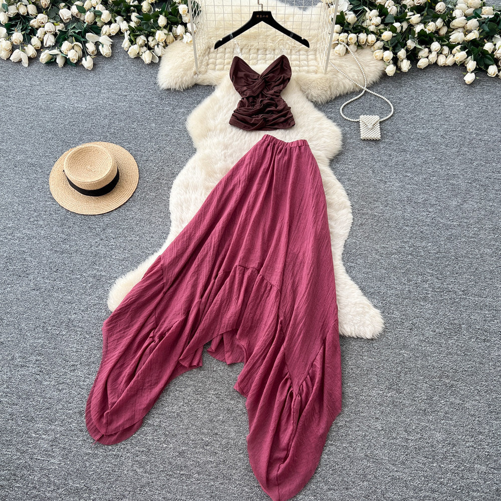 French riviera style tank top and midi skirt set - women's summer irregular flared slimming skirt outfit