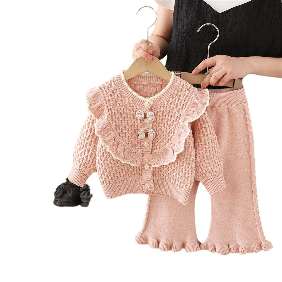 Girls' knit sweater jacket & pants set - new  collection with bow detail