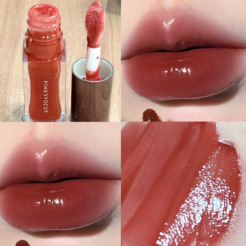 PinkyFocus crimson light transparent lip gloss, long-lasting color rendering, not easy to take off makeup, water light mirror glass lip tender lip glaze