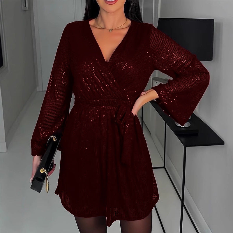 2025 spring collection: new v-neck sequin dress for women - perfect for aliexpress, ebay, and amazon. featuring a sparkling sequin design, long sleeves, and a nightclub/ins style
