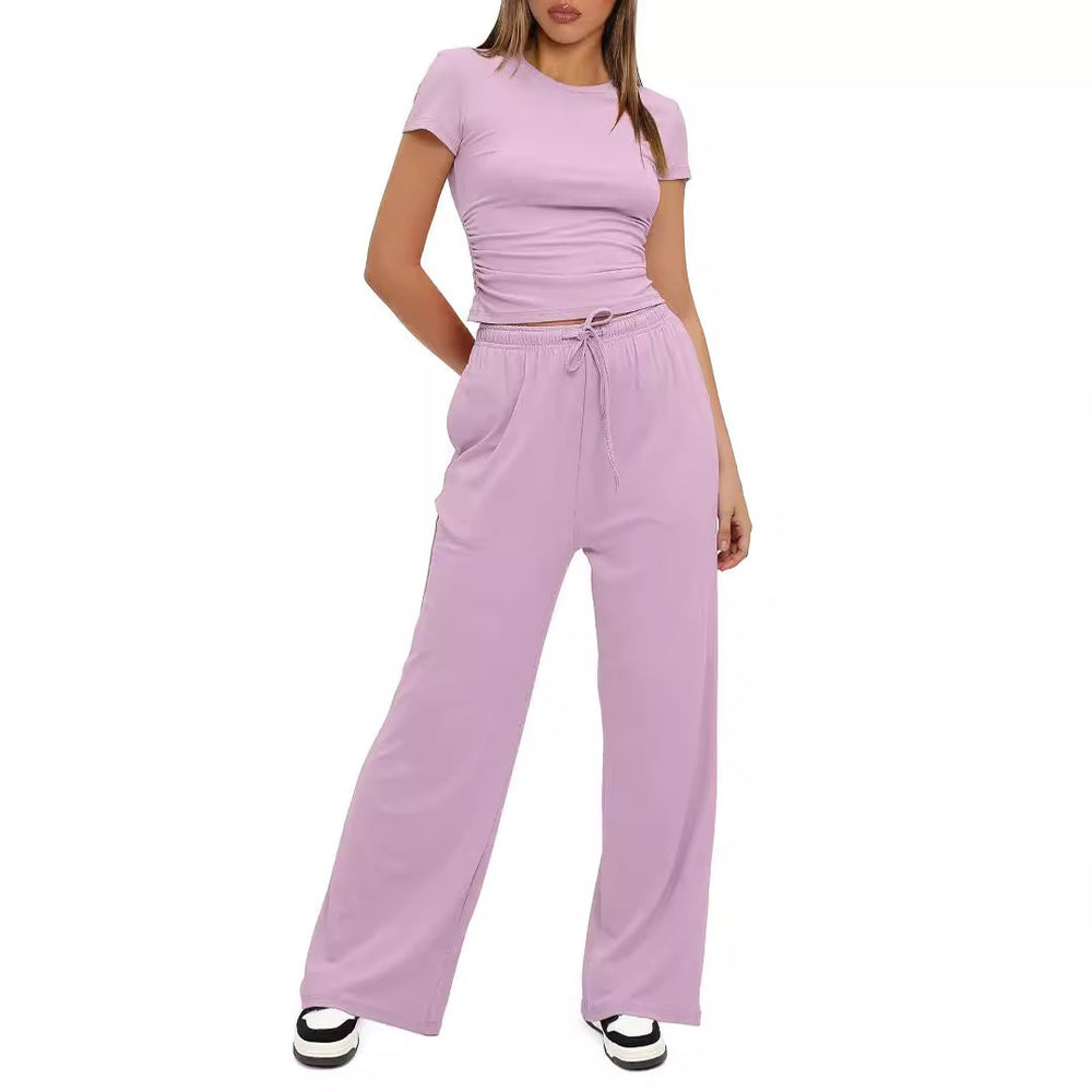 2024 european and american amazon new arrival: solid color casual set - ruched short sleeve top & high-waisted wide leg pants tracksuit