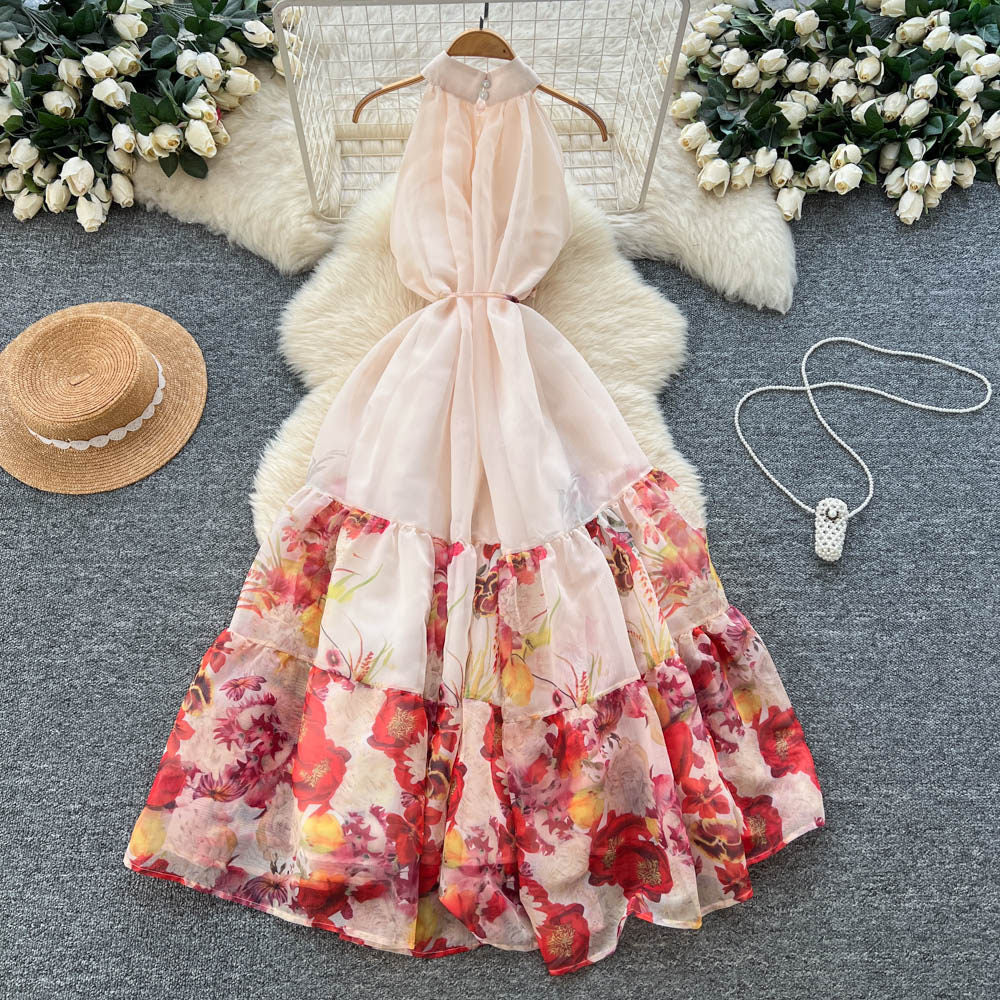 French riviera style sleeveless halter floral dress - women's spring/summer high-waisted a-line maxi dress - ethereal & chic