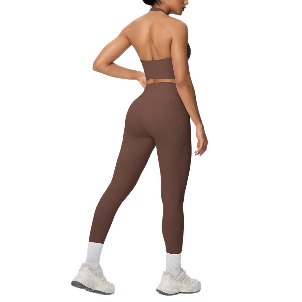 New women's solid color brushed halter tank top and pocket pants yoga set - two-piece activewear for running and fitness
