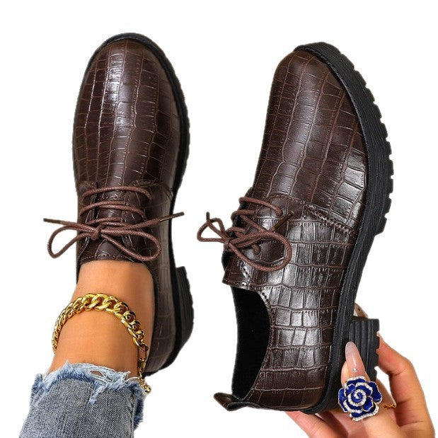 Foreign trade large size versatile single shoes thick heel thick sole lace-up small leather shoes women's British style loafers