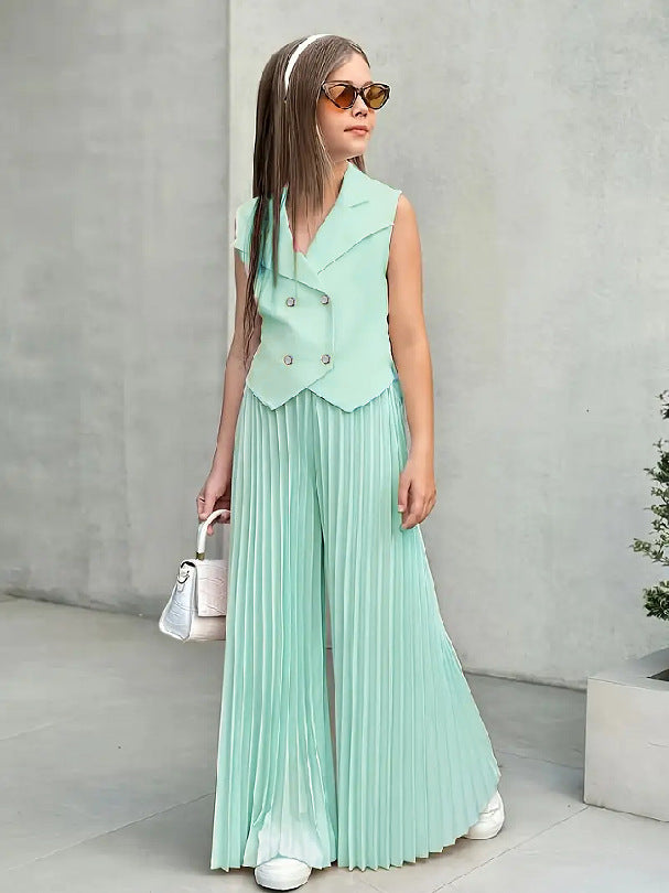 new european and american style girls' sleeveless blazer top + wide-leg pants set - european & american cross-border kids' outfit