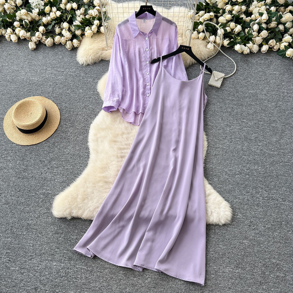 Eleganttwo-piece set women's niche style lazy style outer wear thin looselong sleeves sun protection shirt outwear + suspender dress