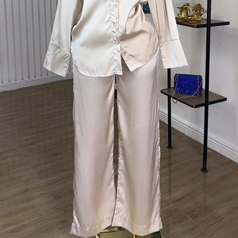 European and american cross-border women's fashion:  autumn new arrivals - casual loose fit long sleeve shirt & high-waisted wide leg pants fashion set