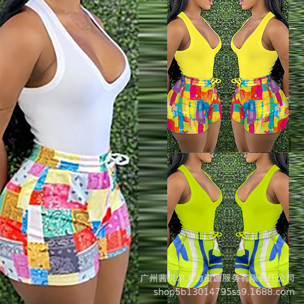 New 2022 European and American new casual shorts printing set (vest + shorts)