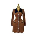Autumn/winter chic: elegant color block knit dress with pearl button detail - slim fit, figure-flattering knit mini dress