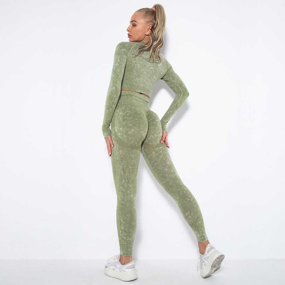 European and american new seamless washed smiley face yoga set - activewear long sleeve top and butt-lifting yoga pants two-piece set