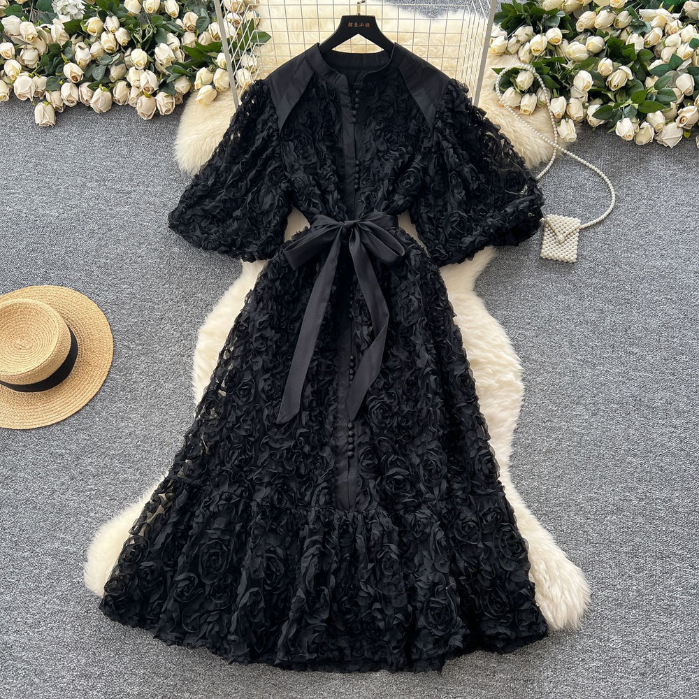 Palace style classy stereo flower lantern sleeve dress female french strap waist single breasted elegance long skirt