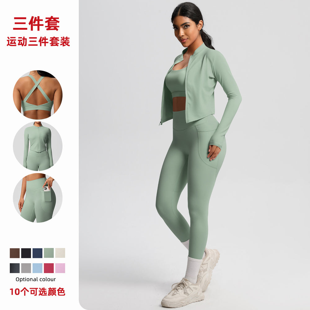 European and american new high-waisted tight-fitting pocket yoga outfit set - quick-dry brushed fabric, outdoor running fitness activewear three-piece set