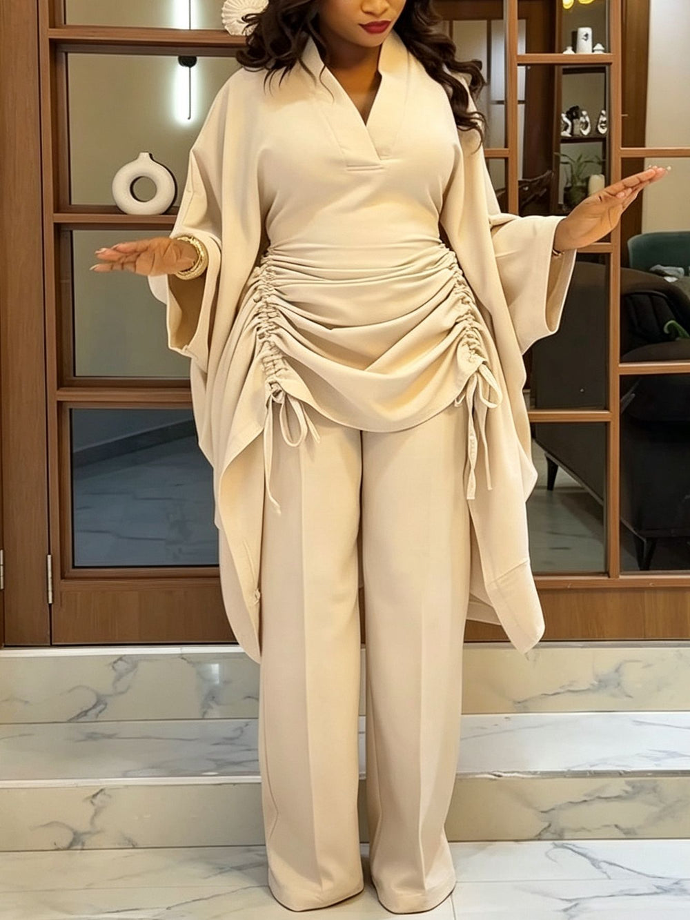 African new drawstring pant set - loose batwing sleeve v-neck cinched waist slimming robe wide leg pants two-piece outfit
