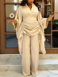 African new drawstring pant set - loose batwing sleeve v-neck cinched waist slimming robe wide leg pants two-piece outfit