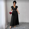 new v-neck ruffle sleeve solid color metallic embellished pleated design elegant long dress