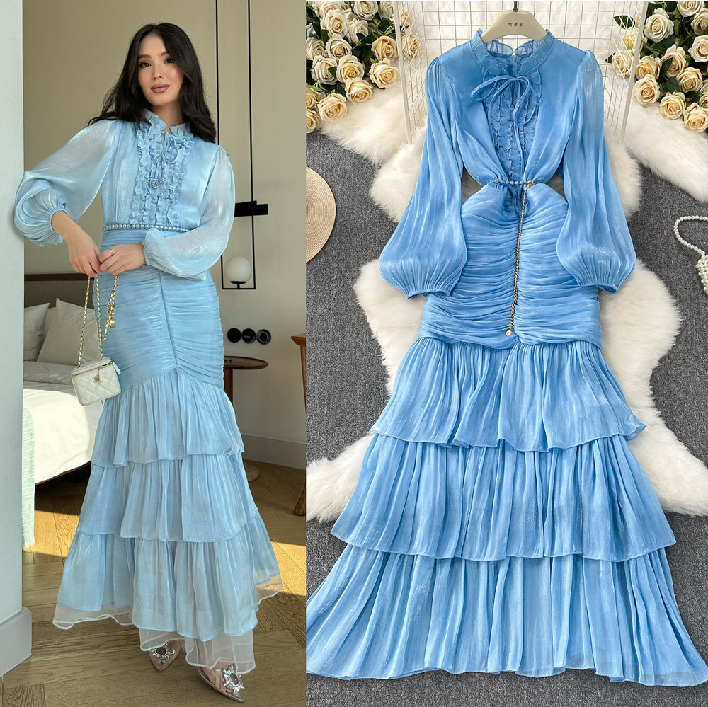 French dress women's  new arrival high-end lace patchwork cinched waist lantern sleeve ruffle hem long evening gown