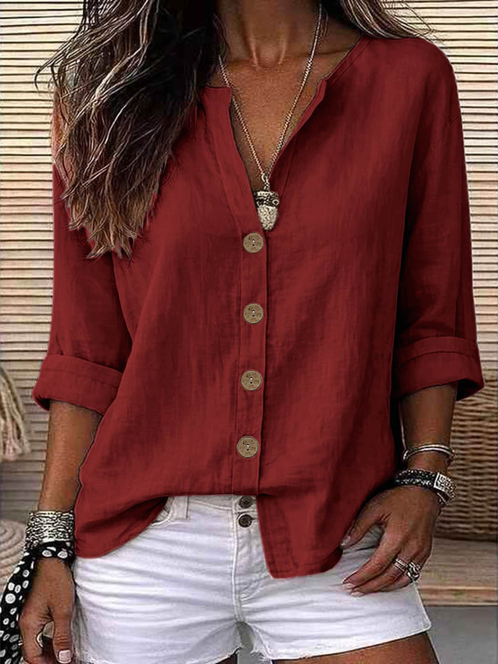 Exclusively for us & european cross-border e-commerce:  autumn beige cotton linen shirt - relaxed fit, v-neck, roll-up sleeves, mid-length top