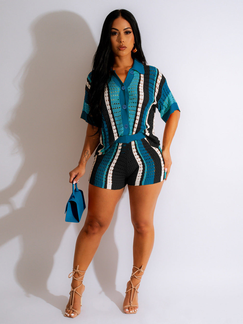 <vip客户>European and american style sexy women's cutout see-through color block turn-down collar knit shorts set</vip客户>