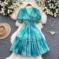 French romantic v-neck lantern sleeve ruffle print dress - women's summer slimming a-line fairy dress