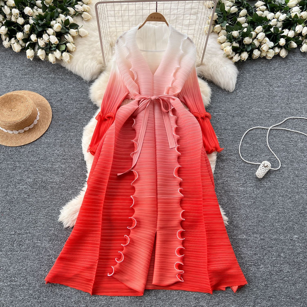 Fashion style loose strap mid-length miya pleated outwear women's fashionable gradient color fungus edge pleated dress