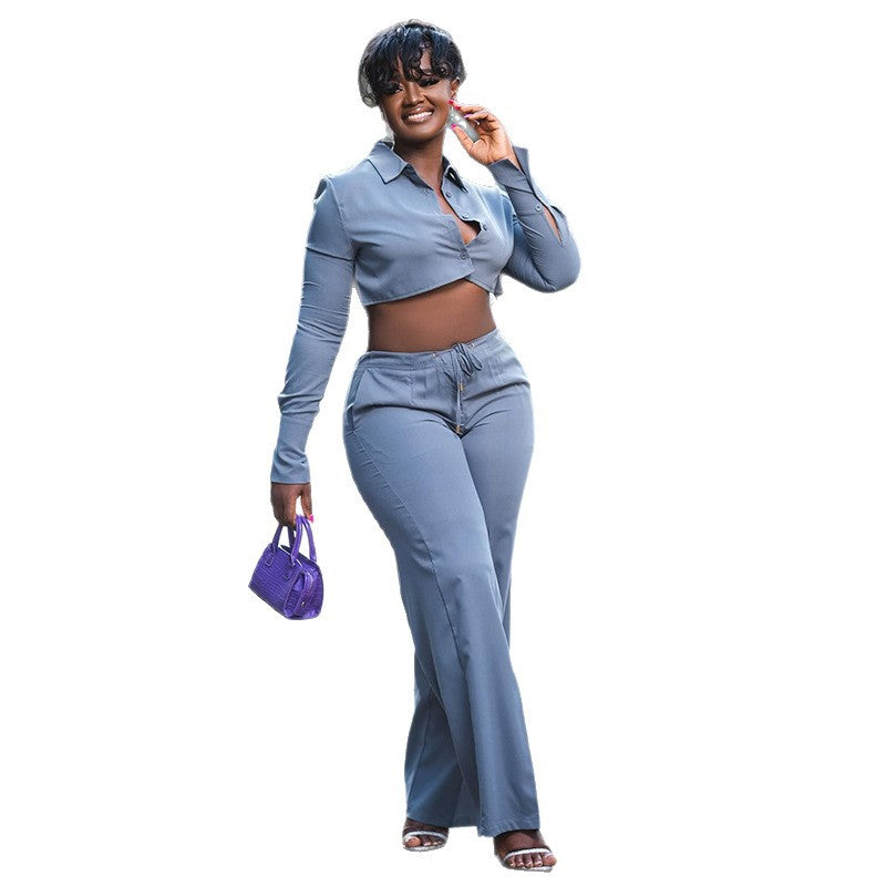 European and american style women's fall  new collection: sweet & fresh turn-down collar long sleeve cropped shirt and high-waisted straight-leg pants two-piece set