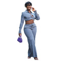 European and american style women's fall  new collection: sweet & fresh turn-down collar long sleeve cropped shirt and high-waisted straight-leg pants two-piece set
