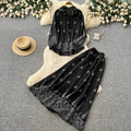 French chic lantern sleeve cardigan & high-waisted midi skirt two-piece set - women's autumn slimming & elegant commute outfit