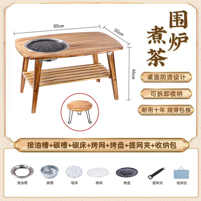 Household outdoor multifunctional solid wood desktop stove foldable storage barbecue grill barbecue stove camping style stove tea table