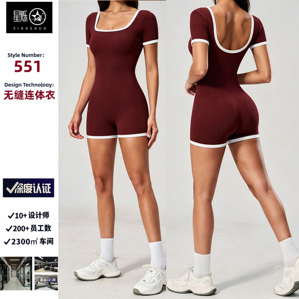 European and american style two-piece look color block cami sports bodysuit - one-piece yoga outfit - open back outdoor fitness jumpsuit for women