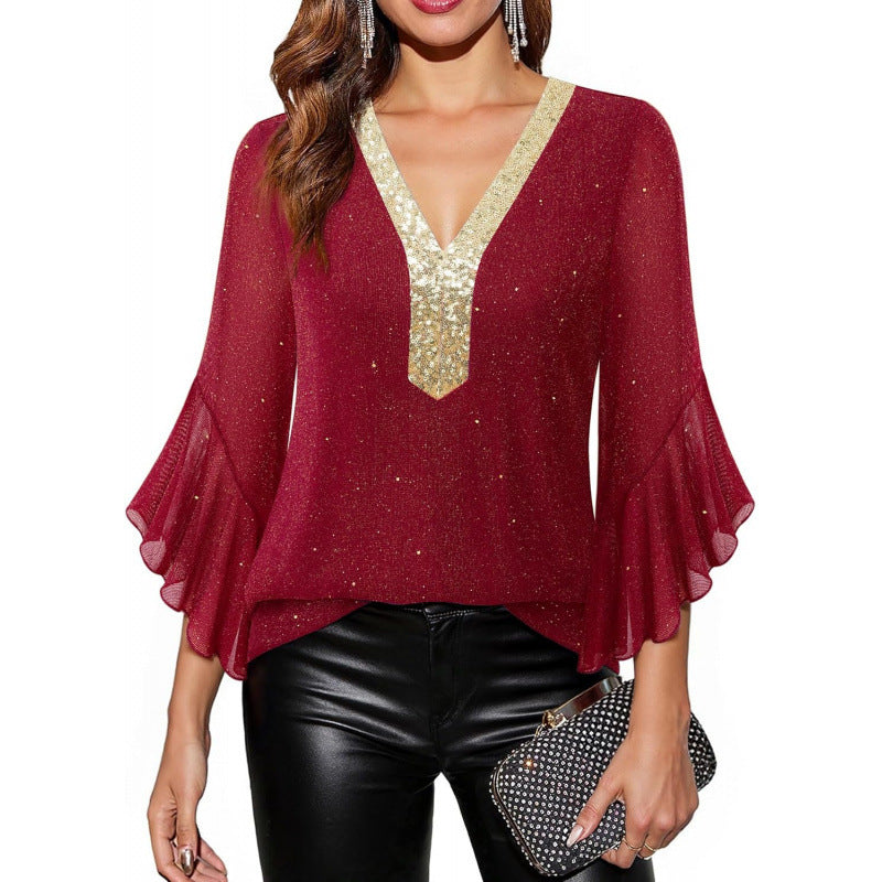 Amazon fashioneleganteleganceflowershirt women's  summer new ruffles sleeve v necktops
