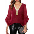 Amazon fashioneleganteleganceflowershirt women's  summer new ruffles sleeve v necktops