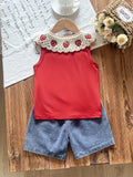 hot selling girls' cute strawberry solid color top with embroidered denim shorts two-piece set