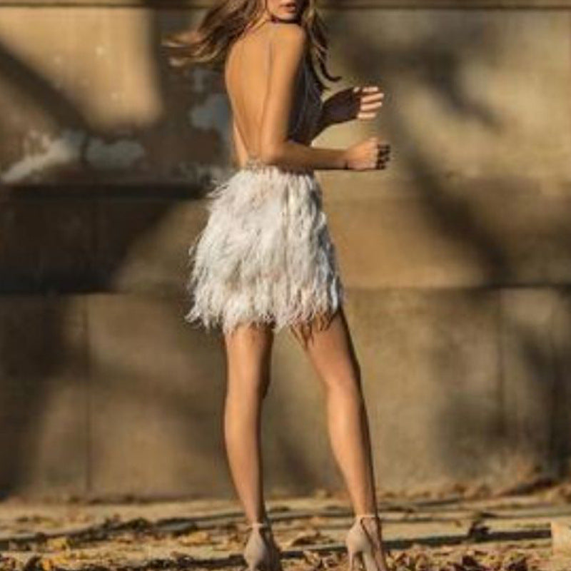 Ins fall/winter new european and american style export  spaghetti strap v-neck feather dress sexy women's party evening gown