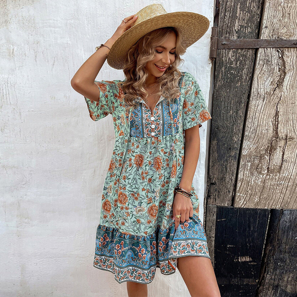 women's floral print v-neck loose fit casual bohemian vacation dress - plus size high-end women's apparel