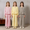 European and american cross-border girls' spring  collection: independent website &  new arrival - tie-up bow long sleeve top and pants set