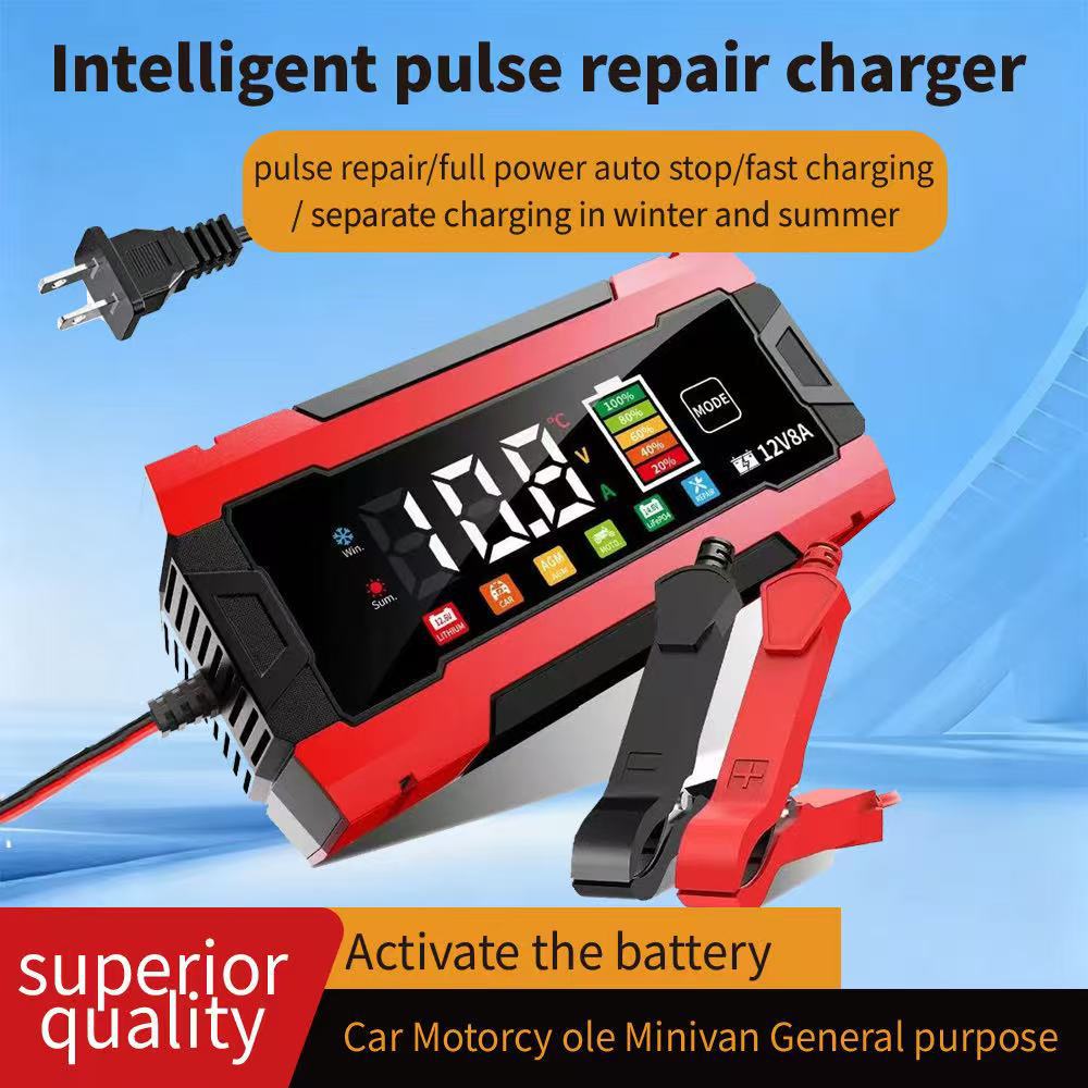 12v 8a color screen car & motorcycle battery charger - hot selling cross-border product with led extra-large display, eu & us plug options