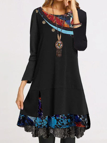european and american trendy women's lace button fashion print loose long sleeve round neck dress