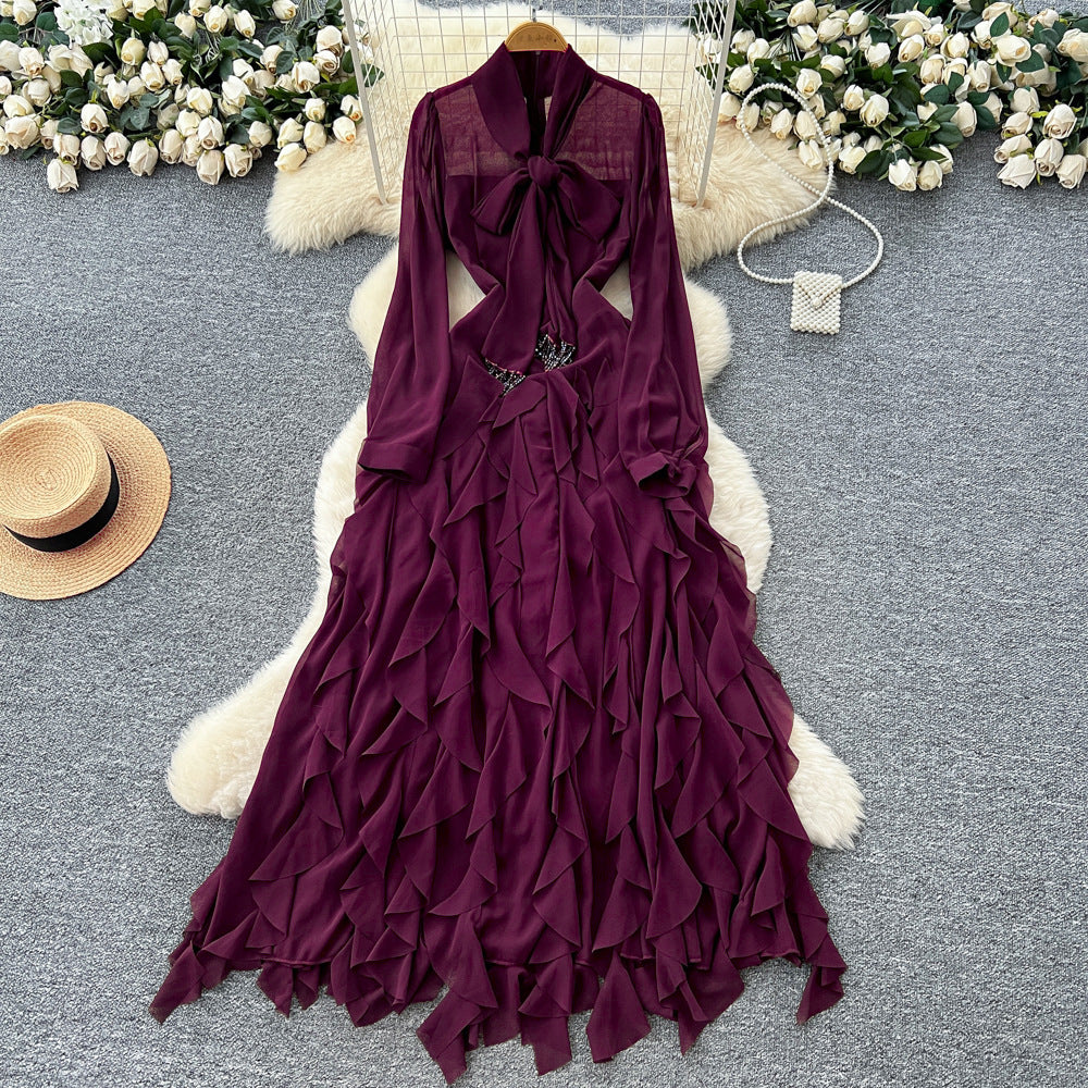 French chic bow-tie long sleeve ruffle hem dress - autumn slimming elegance