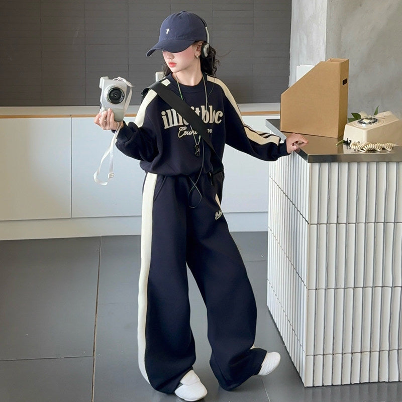 girls' casual activewear set: stylish spring/autumn two-piece outfit for girls - wide-leg pants and sweatshirt, trendy for mid-to-large children