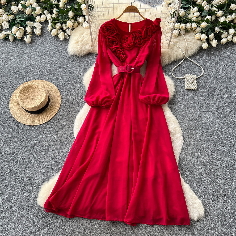 Vintage chic lantern sleeve v-neck lace patchwork dress - women's summer korean style slimming a-line maxi dress