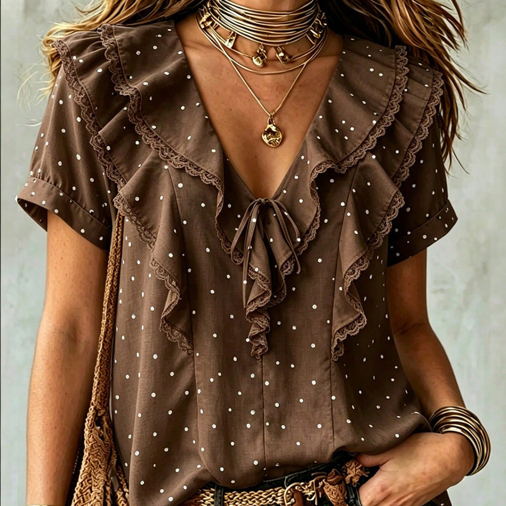 European and american style country polka dot blouse - v-neck, double-layer ruffle lace trim, tie-waist, loose fit, short sleeve top