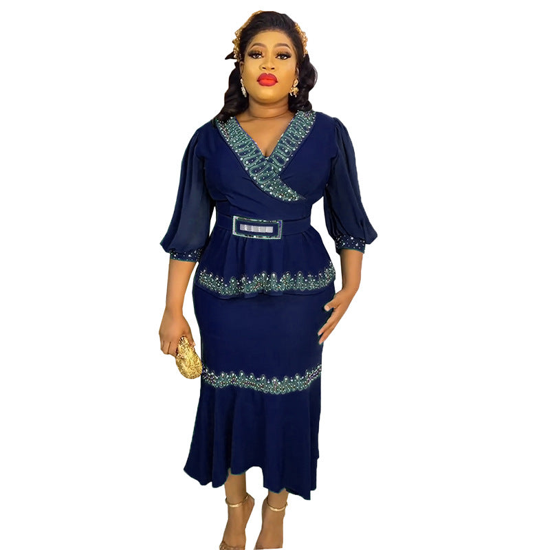 V-neck, waist-cinching, mid-sleeve top and midi skirt set with hot-fix rhinestones and bead embellishments – trendy african women's clothing, cross-border wholesale, special price