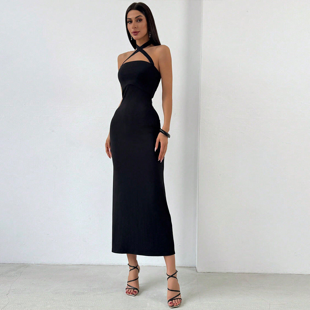 summer pure desire style halter backless high waist hip cover long skirtpure colorknittingsilmfashion cross-border dress