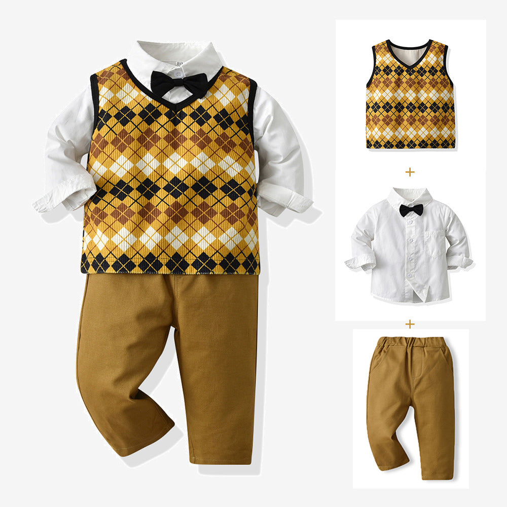 New spring children's outfit: boys' shirt and vest set, spring kids' suit, baby's first birthday dress
