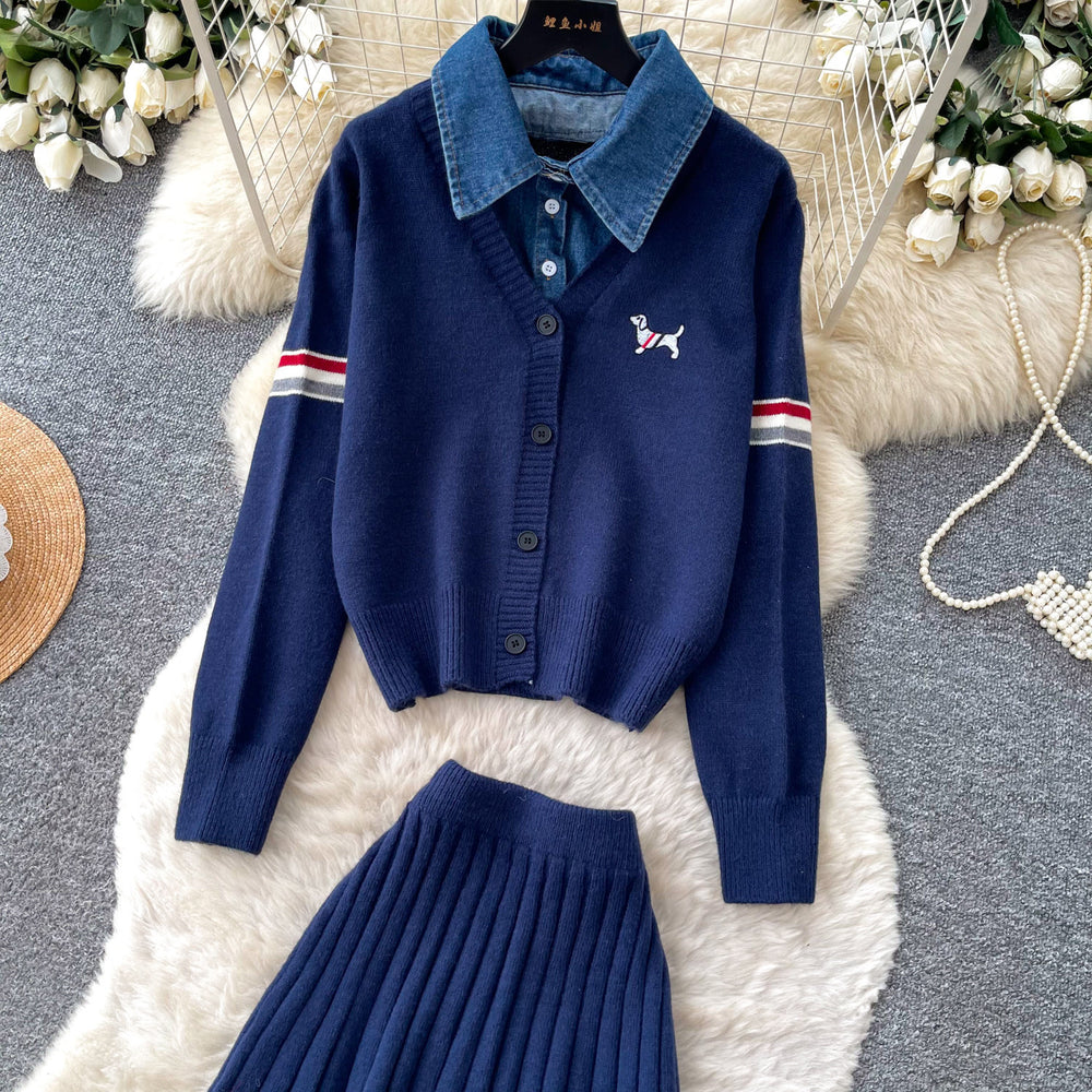 Preppy style embroider dog patchwork denim collar fake two-piece knittingcardiganpleated skirtautumslimming looksuit
