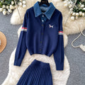 Preppy style embroider dog patchwork denim collar fake two-piece knittingcardiganpleated skirtautumslimming looksuit