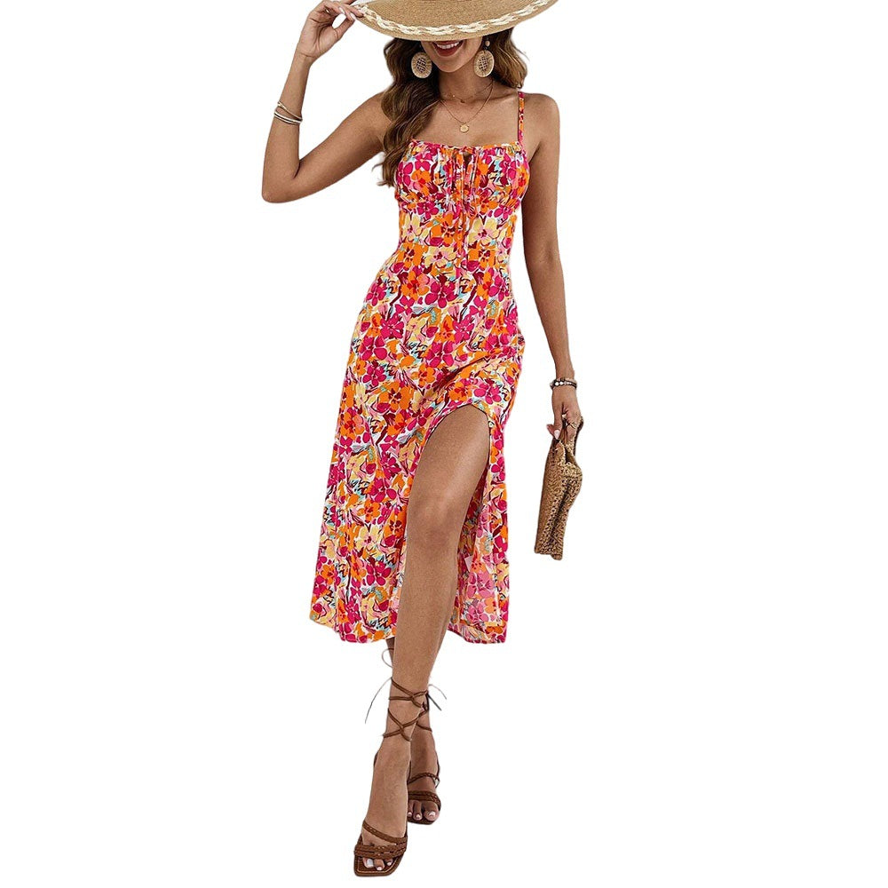 Amazon cross-border women's casual vacation style printed dress - summer square neck spaghetti strap slit midi dress