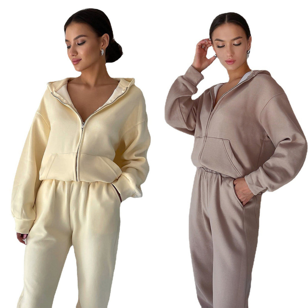 Europe and the United States popular 2024 independent station   autumn women's hooded zipper cardigan sweater casual suit