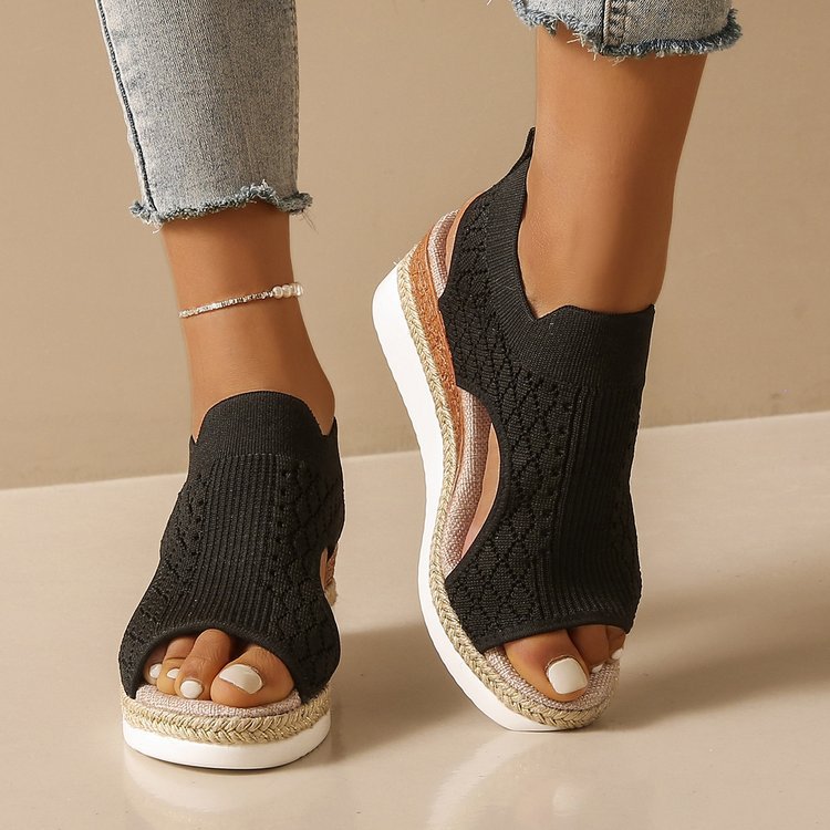 Wish  new arrival  fashion tie back fish mouth thick sole fly weaving casual women's sandals 43 size cross-border plus size