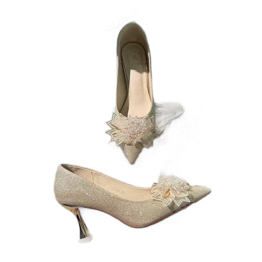2025 french rhinestone pearl flower comfortable heel bridal wedding shoes for women